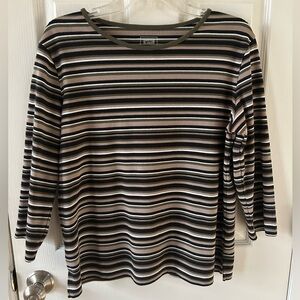 Black, Olive, Tan, and White Striped 3/4 Sleeve Top